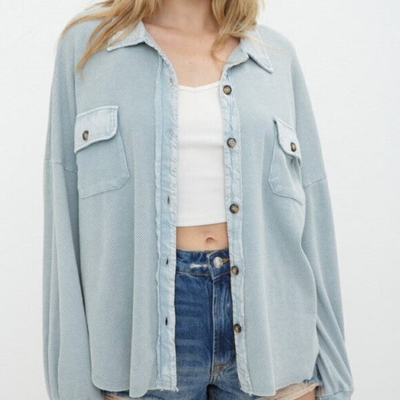 Not Your Boyfriend's Textured Knit Shirt Jacket in Blue - Picture 1 of 3